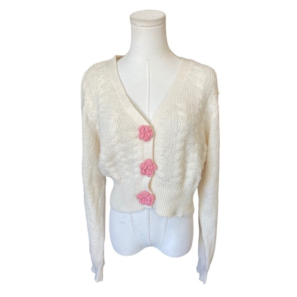 Love Tree Y2K Cable Knit Cropped Crochet Cardigan Sweater Size L Coquette Rose - Picture 2 of 10